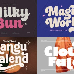 May include: Four graphic designs showcasing retro fonts. The top left design features the words "Milky Bun" in white and pink. The top right design says "Magic World" with stars. The bottom left design says "Rangu Halend". The bottom right design says "Cloth Fate".