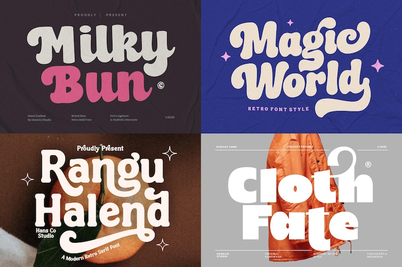 May include: Four graphic designs showcasing retro fonts. The top left design features the words "Milky Bun" in white and pink. The top right design says "Magic World" with stars. The bottom left design says "Rangu Halend". The bottom right design says "Cloth Fate".