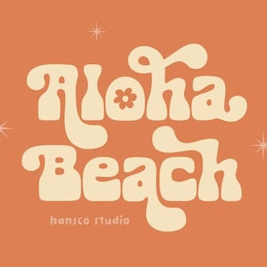 May include: Aloha Beach text in a retro, groovy font with a flower design. The text is in a light yellow colour against an orange background.