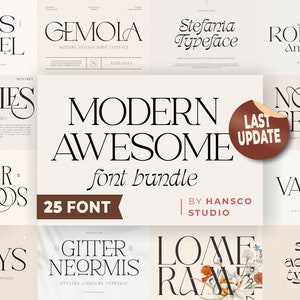 以下が含まれることがあります： さまざまなスタイルのセリフ、サンセリフ、スクリプトフォントを含む、25種類のモダンなフォントバンドルコレクション。フォントはグリッド形式で表示され、各フォント名とフォントのサンプルが表示されます。テキスト「MODERN AWESOME font bundle」は、画像の上部に大きなフォントで表示されます。テキスト「25 FONT」は、大きなテキストの下に小さなフォントで表示されます。テキスト「BY HANSCO STUDIO」は、「25 FONT」テキストの下に小さなフォントで表示されます。