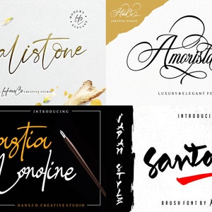 May include: Four different font designs are displayed. The top left font is "Balistone" in gold script. The top right font is "Amorista" in elegant script. The bottom left font is "Glastia Monofine". The bottom right font is "Santorin".