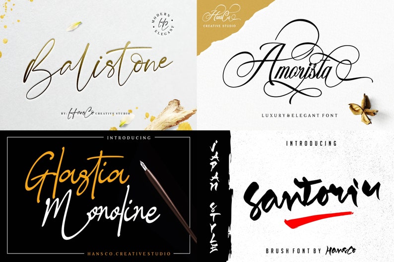 May include: Four different font designs are displayed. The top left font is "Balistone" in gold script. The top right font is "Amorista" in elegant script. The bottom left font is "Glastia Monofine". The bottom right font is "Santorin".