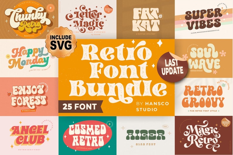 Retro Groovy Font Bundle | OTF, TTF, Svg, Dxf Fonts Retro Bundles, Fonts Vintage, Procreate, Cricut, Commercial use, 90s, 80s, 70s, 60s Font Canva, Font Canva, retro font bundle, retro font, best retro font, new retro font