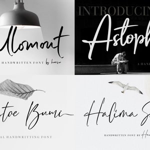 May include: Four examples of natural handwritten fonts are displayed. The fonts are named "Ballomout", "Astopher", "Restoe Bumi", and "Halima Sofira". Each font is presented with its name in a flowing script style, accompanied by the phrase "Natural Handwritten Font" or "Handwritten Font".