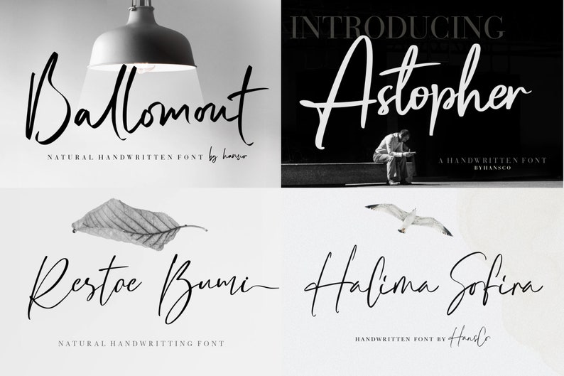 May include: Four examples of natural handwritten fonts are displayed. The fonts are named "Ballomout", "Astopher", "Restoe Bumi", and "Halima Sofira". Each font is presented with its name in a flowing script style, accompanied by the phrase "Natural Handwritten Font" or "Handwritten Font".