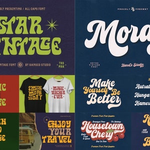 K&ouml;nnte beinhalten: Eine Sammlung von Schriftarten im Retro-Stil mit verschiedenen Textbeispielen, darunter "Star Vintage", "Mordis", "Classic Orange", "Modern Retro Vintage", "Make Yourself Be Better", "Housetown Chery", "Enjoy Your Travel" und "Kamoris Burger".