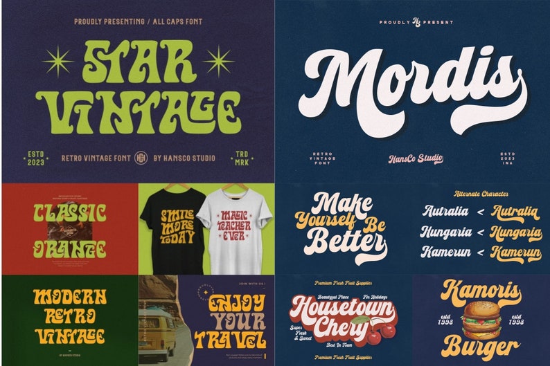 K&ouml;nnte beinhalten: Eine Sammlung von Schriftarten im Retro-Stil mit verschiedenen Textbeispielen, darunter "Star Vintage", "Mordis", "Classic Orange", "Modern Retro Vintage", "Make Yourself Be Better", "Housetown Chery", "Enjoy Your Travel" und "Kamoris Burger".