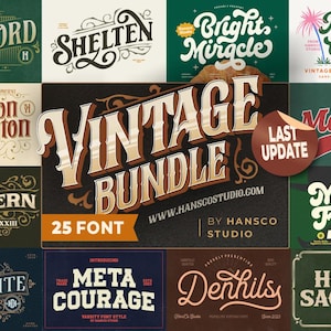 Może przedstawiać: Kolekcja czcionek w stylu vintage. Centralny obrazek przedstawia "Vintage Bundle" i "25 Font". Inne czcionki to "Beatford", "Shelten", "Bright Miracle" i "The Peach Club!".