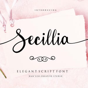 Op de afbeelding: Introductie van Secillia, een elegant script lettertype van Han's Co Creative Studio. De lettertype naam is geschreven in een vloeiende, cursieve stijl op een witte achtergrond met een roze bloemenontwerp.
