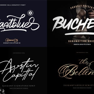 May include: A collection of modern calligraphy fonts, including "Eastblues", "Buchery", "Austin Capital", and "The Bellinda". Each font is displayed with its name in a stylish script, against dark backgrounds. The image showcases various font styles for design projects.