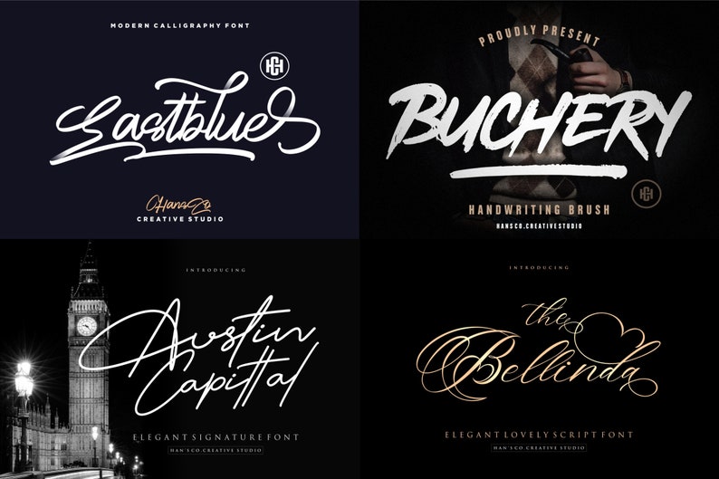 May include: A collection of modern calligraphy fonts, including "Eastblues", "Buchery", "Austin Capital", and "The Bellinda". Each font is displayed with its name in a stylish script, against dark backgrounds. The image showcases various font styles for design projects.