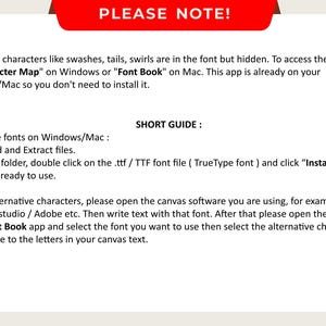 May include: A white background with text explaining how to use fonts on Windows and Mac. The text includes instructions on downloading, extracting, and installing font files. It also mentions using Character Map or Font Book for alternative characters.