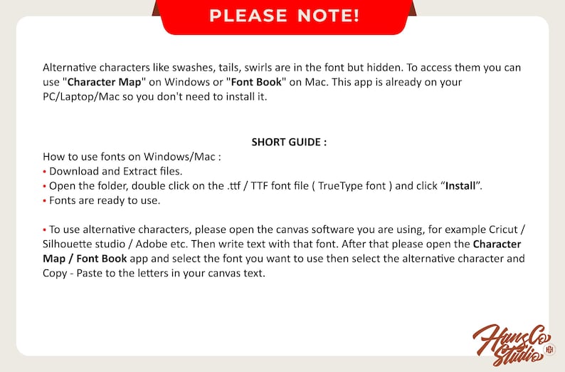 May include: A white background with text explaining how to use fonts on Windows and Mac. The text includes instructions on downloading, extracting, and installing font files. It also mentions using Character Map or Font Book for alternative characters.
