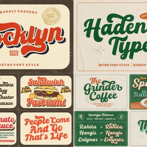K&ouml;nnte beinhalten: Ein Retro-Schriftart namens "Hocklyn" mit einem rot-wei&szlig;-blauen Farbschema. Die Schriftart wird in einer Vielzahl von W&ouml;rtern und S&auml;tzen angezeigt, darunter "Sandwich", "Pastrami", "People Come And Go That's Life" und "Thank You".