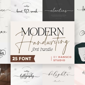Könnte beinhalten: Eine Sammlung moderner Handschrift-Schriftarten. Das Bild zeigt verschiedene Schriftstile, darunter Kursiv- und serifenlose Optionen. Der Text "MODERN Handwriting font bundle" ist prominent dargestellt, zusammen mit "25 FONT" und dem Studio-Namen.