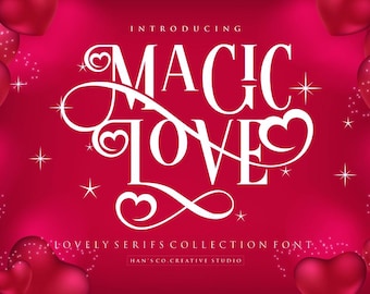 Magic Love heart Font, Cursive Font | SVG, DXF, OTF, ttf | fonts procreate, fonts cricut, fonts with hearts, fonts swirls, fonts with tail