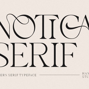 Puede incluir: Diseño gráfico en blanco y negro para una fuente llamada "Notca Serif" con el lema "Modern Serif Typeface" y el nombre "Hansco Studio".