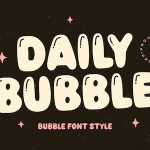 May include: A graphic design featuring the text "DAILY BUBBLE" in a white bubble font style on a black background with pink stars. The text "PROUDLY PRESENTING" is in a circle with a pink star in the center.
