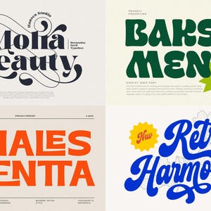 May include: Four graphic designs featuring retro fonts. The designs include the words "Molia Beauty" in a black script, "Bakso Menu" in green, "Chales Rientta" in orange, and "Retro Harmony" in blue with a yellow burst.