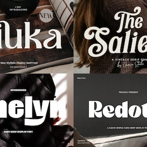 May include: Four different font designs are displayed. The fonts are named "Riluka", "The Salieta", "Khelyn", and "Redotie". Each font has a unique style, with varying weights and serif or sans-serif characteristics. The image includes the text "Introducing" and "New".