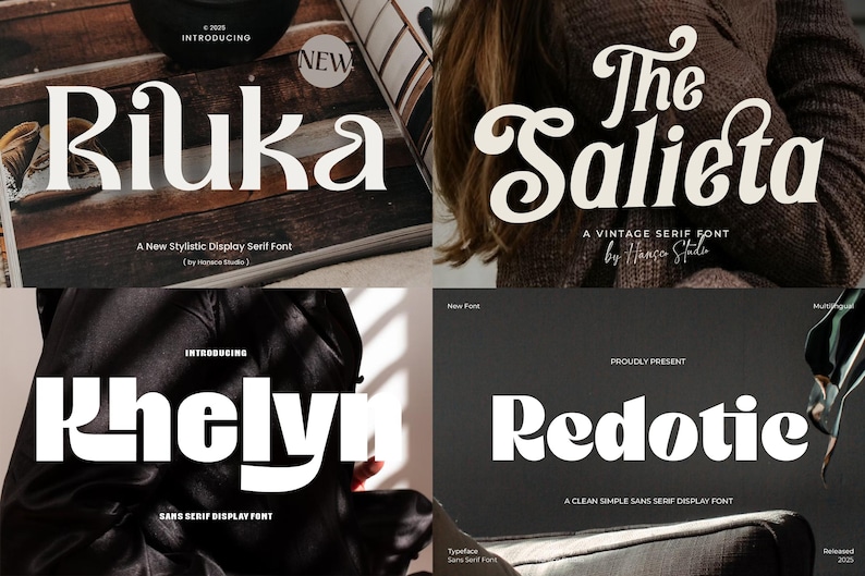 May include: Four different font designs are displayed. The fonts are named "Riluka", "The Salieta", "Khelyn", and "Redotie". Each font has a unique style, with varying weights and serif or sans-serif characteristics. The image includes the text "Introducing" and "New".