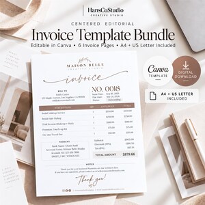 May include: A centered editorial invoice template bundle by HansCoStudio, featuring six editable pages in A4 and US Letter sizes. The document displays a Maison Belle Creative Studio logo, invoice details, itemized services, payment info, and a thank you note.