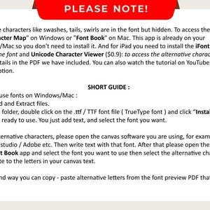 K&ouml;nnte beinhalten: Eine rot-wei&szlig;e Grafik mit dem Text "PLEASE NOTE!" und "SHORT GUIDE:" Der Text erkl&auml;rt, wie man alternative Zeichen in einer Schriftart verwendet. Der Text erw&auml;hnt die Verwendung von "Character Map" unter Windows oder "Font Book" auf dem Mac. Der Text erw&auml;hnt auch die Verwendung der iFont-App f&uuml;r iPad und des Unicode Character Viewers. Der Text erw&auml;hnt auch die Verwendung der Character Map- oder Font Book-App, um auf alternative Zeichen zuzugreifen.