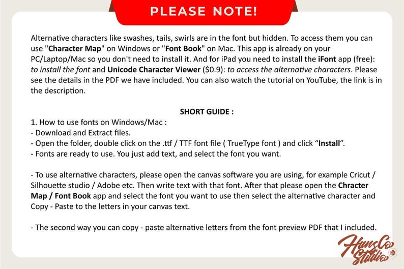K&ouml;nnte beinhalten: Eine rot-wei&szlig;e Grafik mit dem Text "PLEASE NOTE!" und "SHORT GUIDE:" Der Text erkl&auml;rt, wie man alternative Zeichen in einer Schriftart verwendet. Der Text erw&auml;hnt die Verwendung von "Character Map" unter Windows oder "Font Book" auf dem Mac. Der Text erw&auml;hnt auch die Verwendung der iFont-App f&uuml;r iPad und des Unicode Character Viewers. Der Text erw&auml;hnt auch die Verwendung der Character Map- oder Font Book-App, um auf alternative Zeichen zuzugreifen.