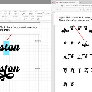 May include: A computer screen displays a vinyl decal layout guide with the word "Ruston" in a script font. Instructions are provided for replacing characters. A separate window shows character previews.