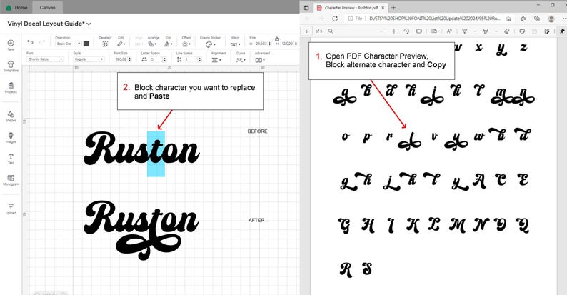 May include: A computer screen displays a vinyl decal layout guide with the word "Ruston" in a script font. Instructions are provided for replacing characters. A separate window shows character previews.