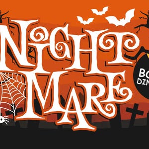 May include: White text on an orange background reads "NIGHTMARE" in a stylized font. The text is surrounded by black silhouettes of trees, bats, and tombstones. A yellow and orange circle with the text "BONUS DINGBATS" is in the lower right corner.