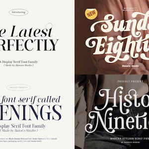 May include: A graphic design showcasing four different font styles. The fonts include "the Latest PERFECTLY", "Sunday Eighties", "Evenings", and "History Nineties". Each font is displayed with its name and a brief description, suitable for graphic designers.