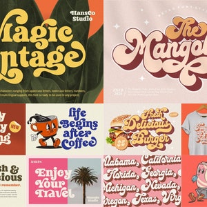 K&ouml;nnte beinhalten: Eine Sammlung von bunten Retro-Schriftarten mit dem Text "Magic Vintage", "The Mangolia", "Happy Sunday Morning", "Life Begins After Coffee", "Fresh & Delicious", "Enjoy Your Travel", "Fresh Delicious Burger", "Endlessly Creating Myself" und "Alabama, California, Florida, Georgia, Michigan, Nevada, Oregon, Texas, Virg".