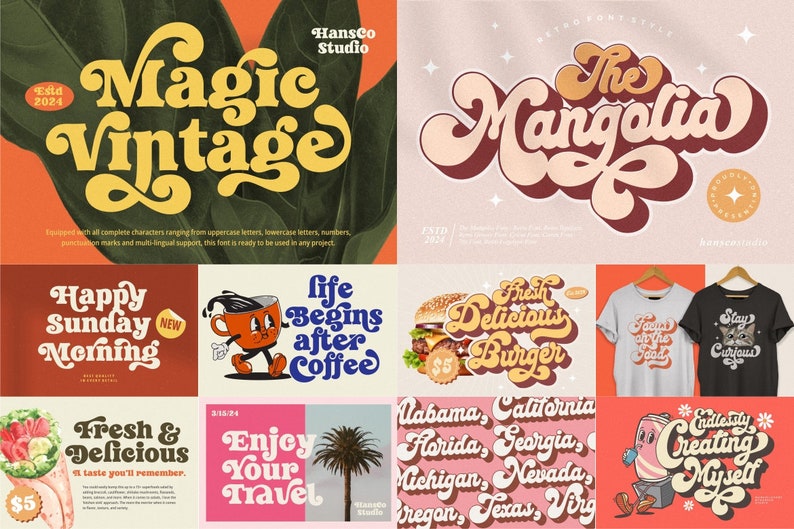 K&ouml;nnte beinhalten: Eine Sammlung von bunten Retro-Schriftarten mit dem Text "Magic Vintage", "The Mangolia", "Happy Sunday Morning", "Life Begins After Coffee", "Fresh & Delicious", "Enjoy Your Travel", "Fresh Delicious Burger", "Endlessly Creating Myself" und "Alabama, California, Florida, Georgia, Michigan, Nevada, Oregon, Texas, Virg".