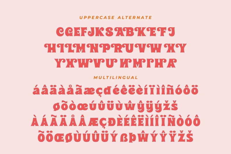 以下が含まれることがあります： 赤色の大文字と小文字のフォントアルファベットチャート。フォントは丸みを帯びたエッジを持つレトロスタイルです。チャートにはAからZまでの文字、アクセント文字、特殊文字が含まれています。