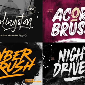 May include: A collage of four different font designs. The fonts include "Holingston", "Acorn Brush", "Cyber Brush", and "Night Driver". Each font has a unique style, with varying colors and textures, suitable for graphic design projects.
