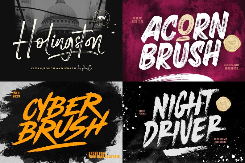 May include: A collage of four different font designs. The fonts include "Holingston", "Acorn Brush", "Cyber Brush", and "Night Driver". Each font has a unique style, with varying colors and textures, suitable for graphic design projects.