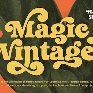 May include: A retro-style font design called "Magic Vintage" with a yellow color scheme and a green leafy background. The text "Estd 2024" and "Hansco Studio" are also included in the image.