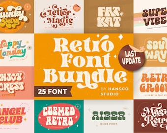 Retro Groovy Font Bundle | OTF, TTF, Svg, Dxf Fonts Retro Bundles, Fonts Vintage, Procreate, Cricut, Commercial use, 90s, 80s, 70s, 60s Font