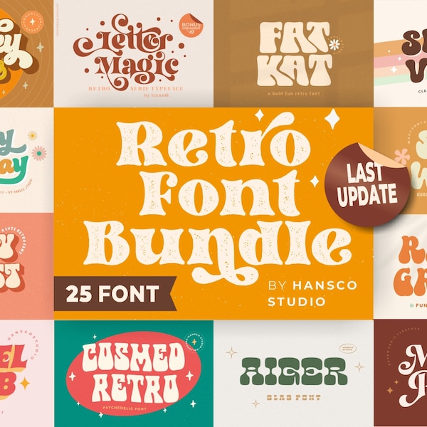 Retro Groovy Font Bundle | OTF, TTF, Svg, Dxf Fonts Retro Bundles, Fonts Vintage, Procreate, Cricut, Commercial use, 90s, 80s, 70s, 60s Font