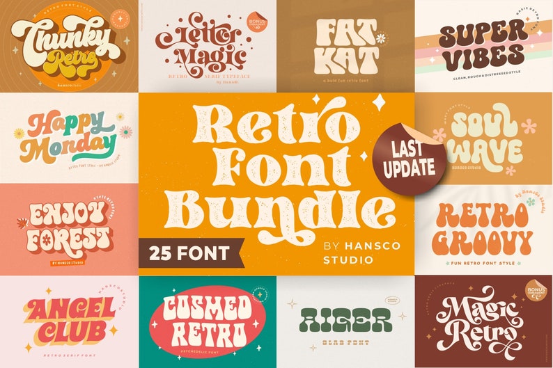 Retro Groovy Font Bundle | OTF, TTF, Svg, Dxf Fonts Retro Bundles, Fonts Vintage, Procreate, Cricut, Commercial use, 90s, 80s, 70s, 60s Font Canva, Font Canva, retro font bundle, retro font, best retro font, new retro font