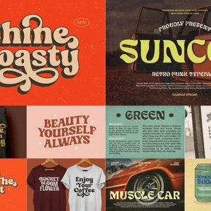 K&ouml;nnte beinhalten: Eine Retro-Schriftart namens "Suncos" in gelben und orangen Buchstaben auf braunem Hintergrund. Die Schriftart wird als "Retro Funk Schriftart" bezeichnet.
