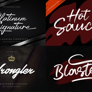 May include: A digital graphic design featuring four different font styles. The fonts are "Platinum Signature", "Hot Sauce!", "Wrangler", and "Blaster". Each font is displayed in white against a dark background, showcasing their unique handwritten styles.