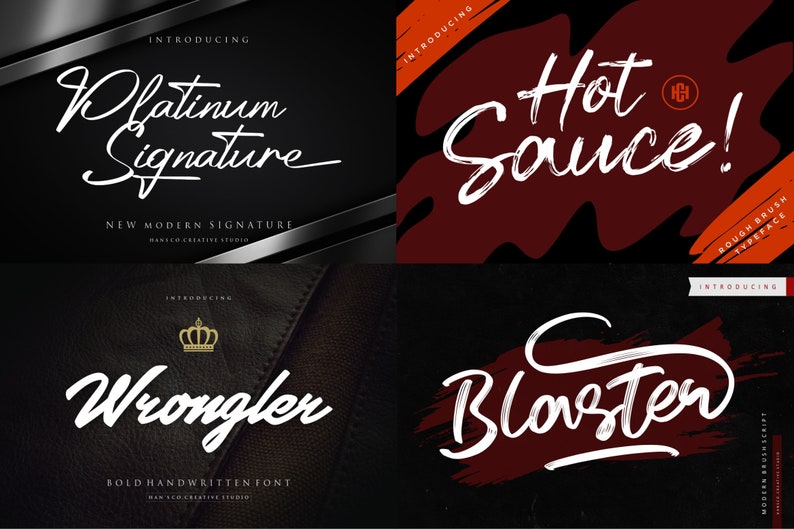 May include: A digital graphic design featuring four different font styles. The fonts are "Platinum Signature", "Hot Sauce!", "Wrangler", and "Blaster". Each font is displayed in white against a dark background, showcasing their unique handwritten styles.