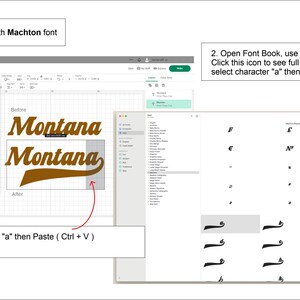 May include: A computer screen displays a graphic design tutorial. The steps include writing text with the Machton font, copying a special character, and pasting it. The text "Montana" is shown in a brown font with a curved tail design.