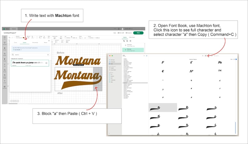 May include: A computer screen displays a graphic design tutorial. The steps include writing text with the Machton font, copying a special character, and pasting it. The text "Montana" is shown in a brown font with a curved tail design.
