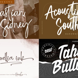 May include: A collage of four different handwritten fonts. The fonts are named "Bastian Sidney", "Acoustica South", "Amellia Ink", and "Tahu Bullats". Each font has a unique style, with varying levels of boldness and script. The background colors vary.
