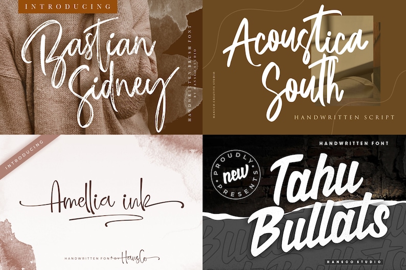 May include: A collage of four different handwritten fonts. The fonts are named "Bastian Sidney", "Acoustica South", "Amellia Ink", and "Tahu Bullats". Each font has a unique style, with varying levels of boldness and script. The background colors vary.