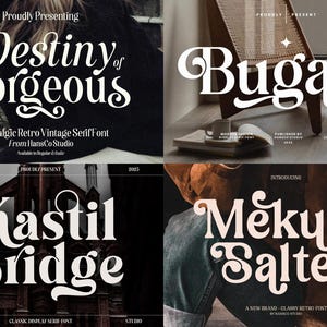 May include: Four different font designs are displayed, each with a unique name in a bold, vintage style. The fonts are "Destiny of the Gorgeous", "Bugalo", "Kastil Bridge", and "Mekuria Salten". The image includes text such as "Proudly Presenting" and "A Nostalgic Retro Vintage Serif Font".
