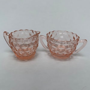 Vintage Jeannette Glass Pink Cubist Creamer and Sugar Bowl